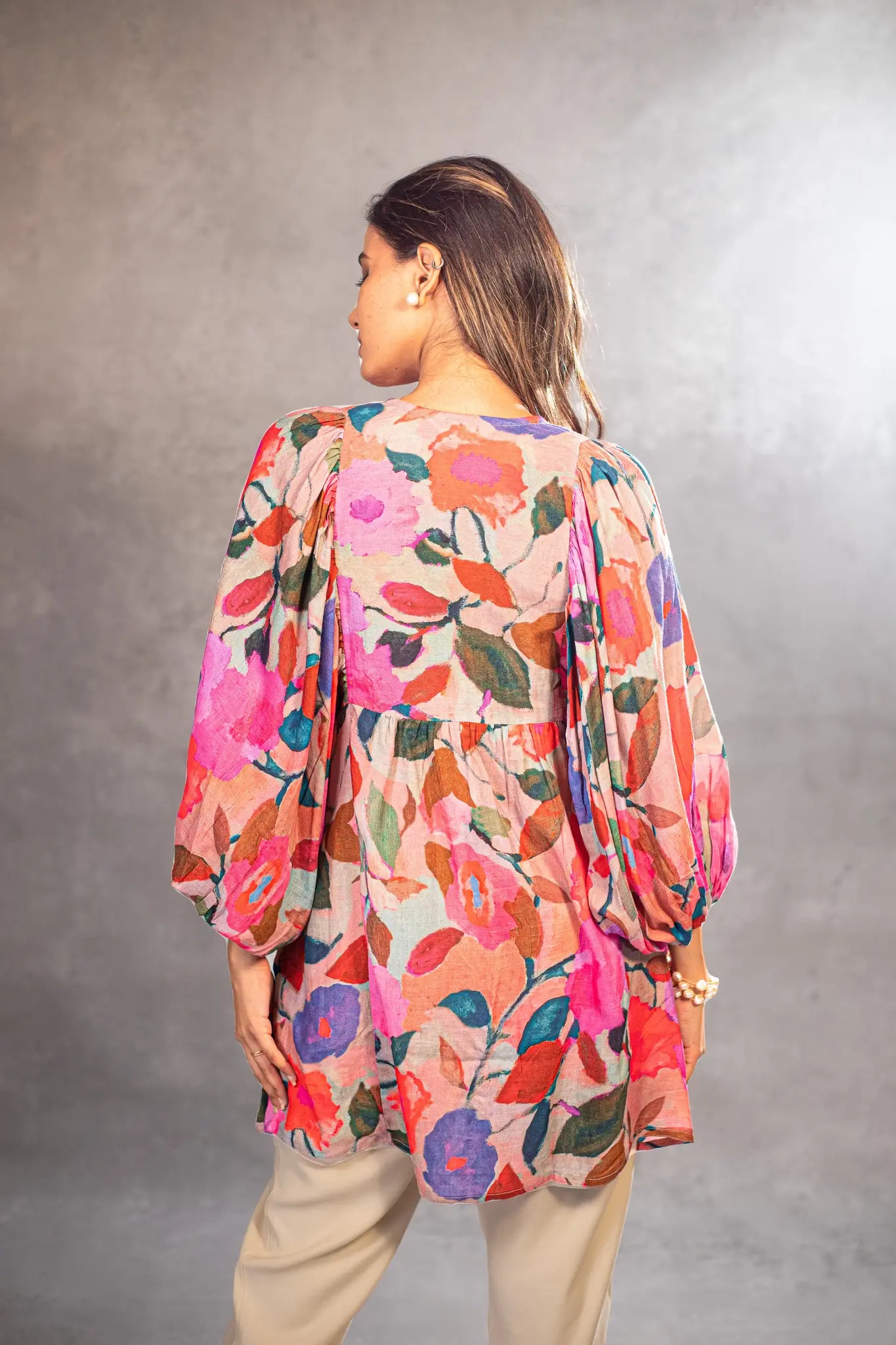 Blossom Bloom Floral Balloon Sleeve Tunic Top